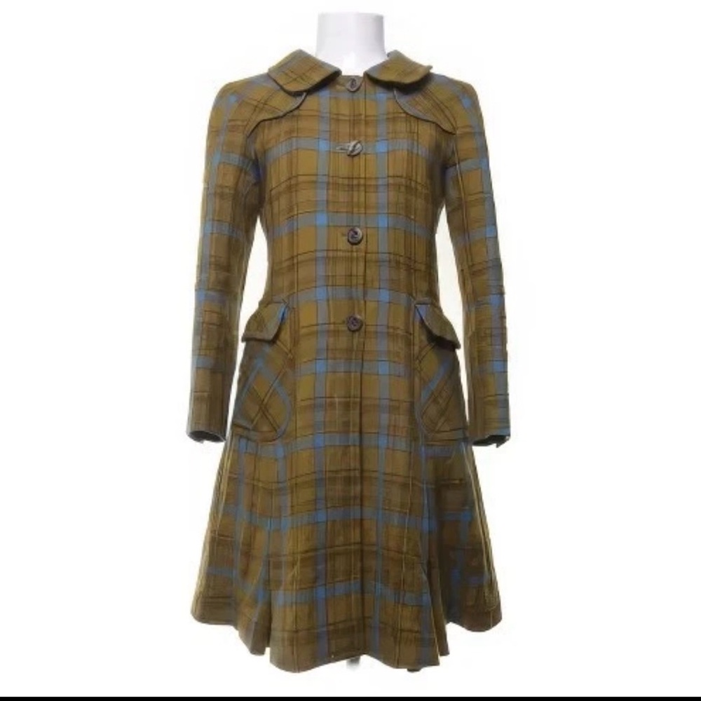 Philosophy di Alberta Ferretti Mustard‑Olive & Blue Plaid Wool Dress Coat SMALL